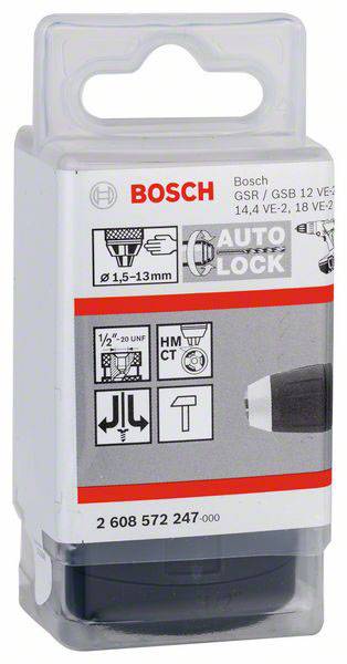 'Uchwyt wiertarski Bosch Auto-Lock do modeli Bosch GSR/GSB, zakres zacisku 1,5-13 mm, z symbolami funkcji wiercenia i udaru, w opakowaniu z tworzywa sztucznego.'