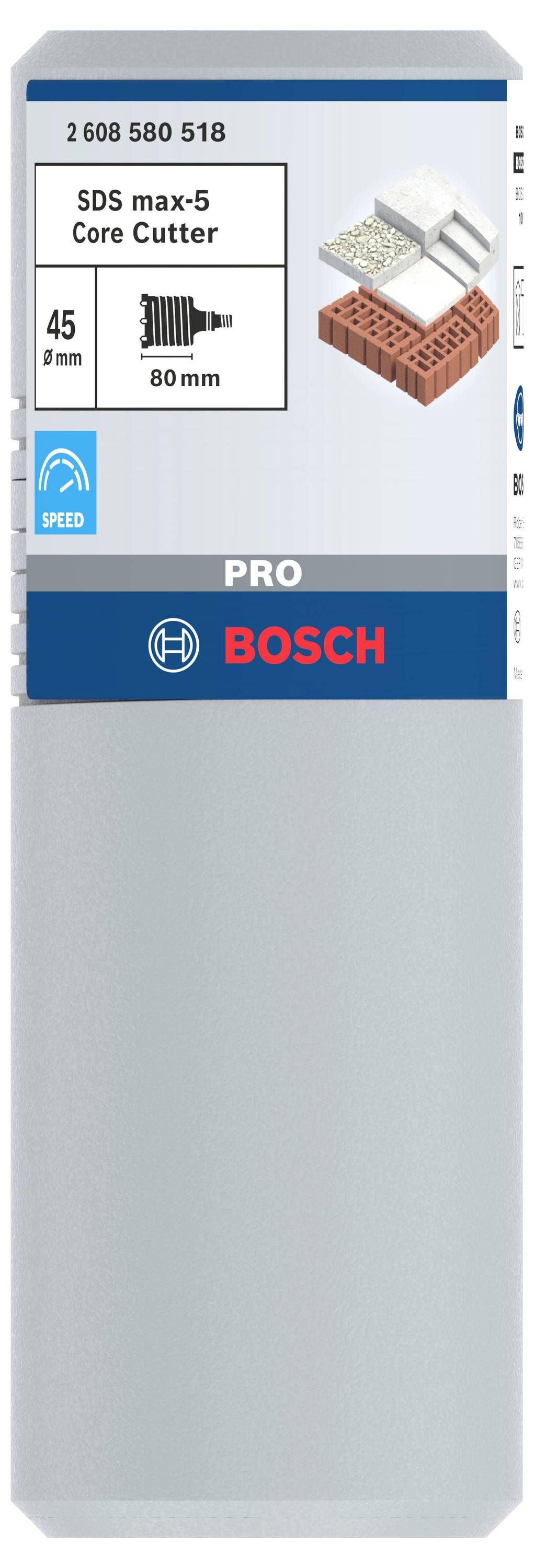 Opakowanie wiertła rdzeniowego Bosch SDS max-5, średnica 45 mm, długość 80 mm. Przeznaczone do betonu i cegły. Symbol prędkości.