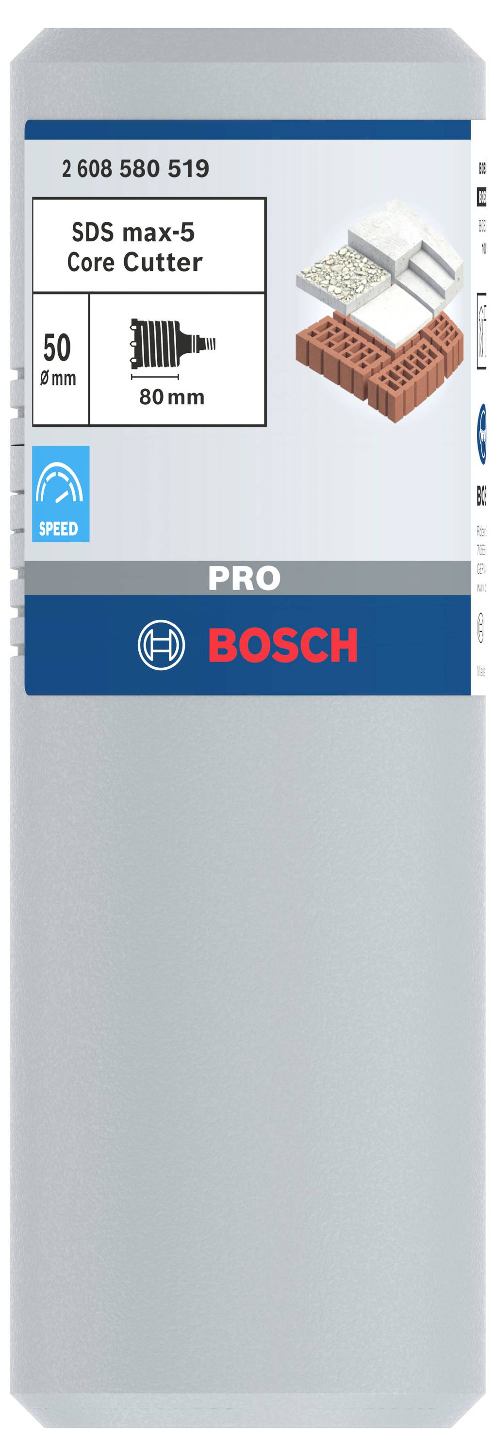 Opakowanie wiertła rdzeniowego Bosch SDS max-5, średnica 80 mm, do muru, przedstawia obraz wiertła i bloków murowych.
