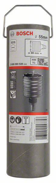 Szary cylinder z czerwonym logo 'Bosch'. Prezentuje 55-milimetrową głowicę wiercącą z mocowaniem SDS, szczegółami technicznymi i ikonami kompatybilności.