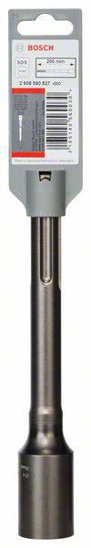 Końcówka wiertnicza Bosch, zapakowana, z szarym uchwytem i etykietą. Odpowiednia do stosowania z systemem wiercenia SDS-max.