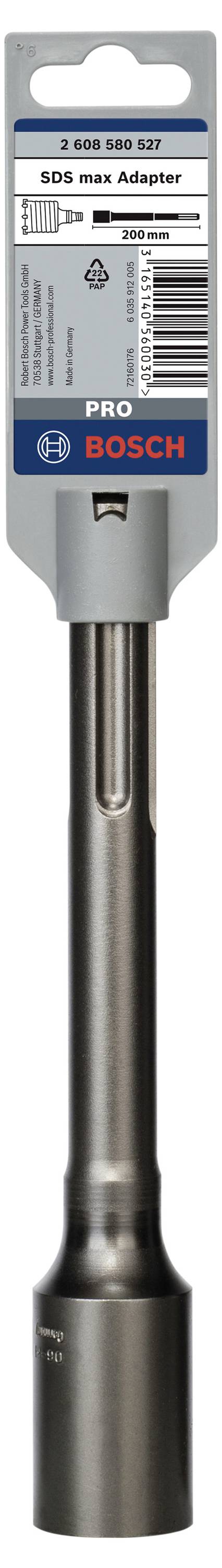 'Długi adapter SDS max' firmy Bosch, 2608550177. Przeznaczony do elektronarzędzi. Opakowanie produktu z informacjami o producencie i produkcie.