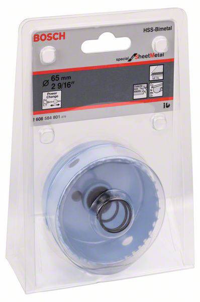 Opakowanie piły otworowej Bosch HSS-Bimetal, średnica 65 mm. Zawiera grafiki dotyczące prawidłowego montażu oraz wskazówki użytkowania.