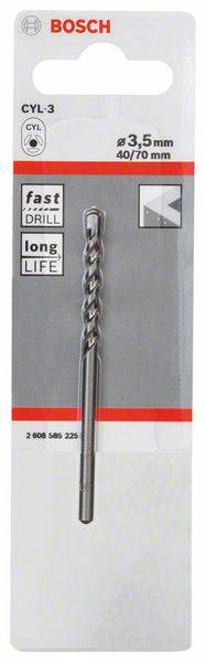 Wiertło Bosch, model CYL-3, średnica 3,5 mm, długość 40/70 mm, pakowane w blister z informacjami o produkcie.