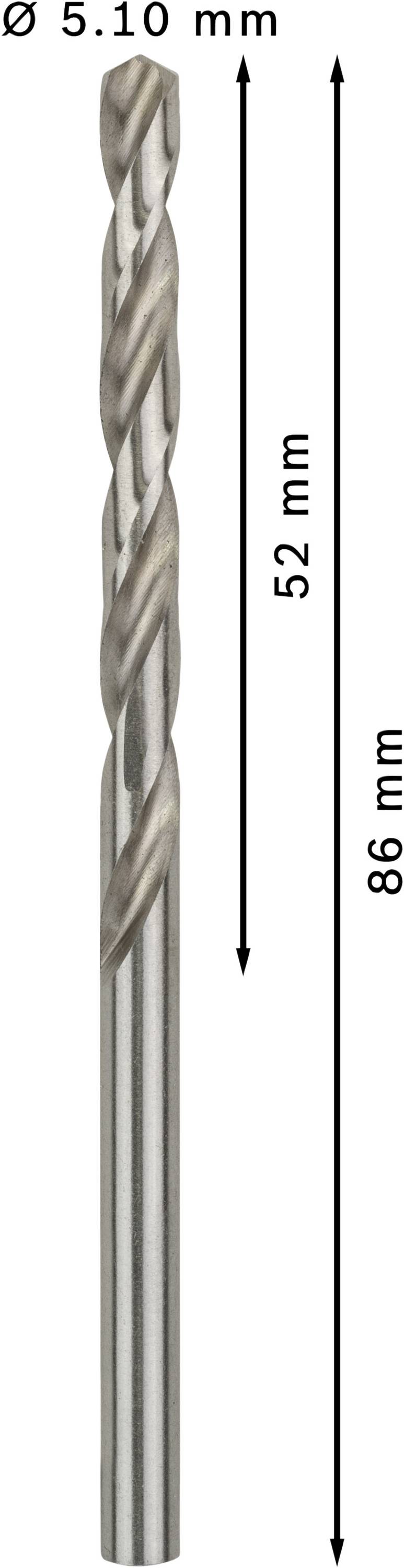 Wiertło do metalu średnica 5,10 mm, długość całkowita 86 mm, długość spirali 52 mm