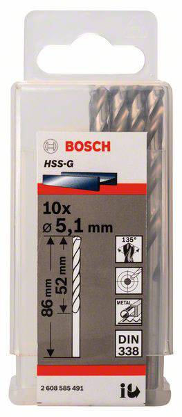 Zestaw wierteł firmy Bosch; zawiera 10 wierteł HSS-G o średnicy 5,1 mm i długości 86 mm, przeznaczonych do obróbki metalu. Zgodne z normą DIN 338.