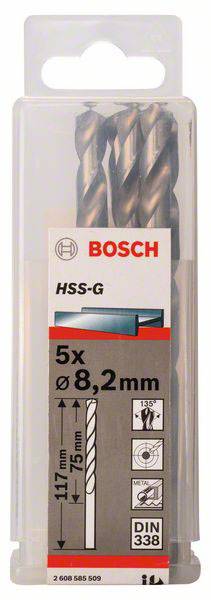 Zawiera pięć wierteł Bosch HSS-G o średnicy 8,2 mm, długości 117 mm i długości roboczej 75 mm, odpowiednich do obróbki metalu.