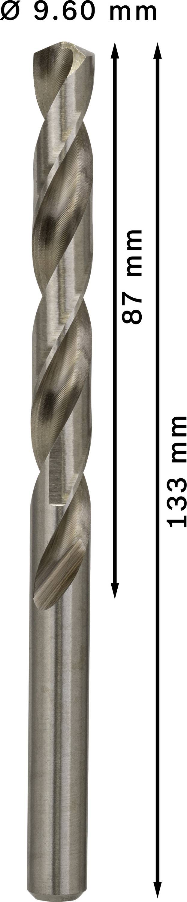 Wiertło do metalu o średnicy 9,60 mm, długość całkowita 133 mm, długość użytkowa 87 mm.