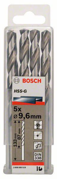 Zestaw wierteł firmy Bosch, 5 sztuk, HSS-G o średnicy 9,6 mm, długości 87 mm. Odpowiednie do obróbki metalu.