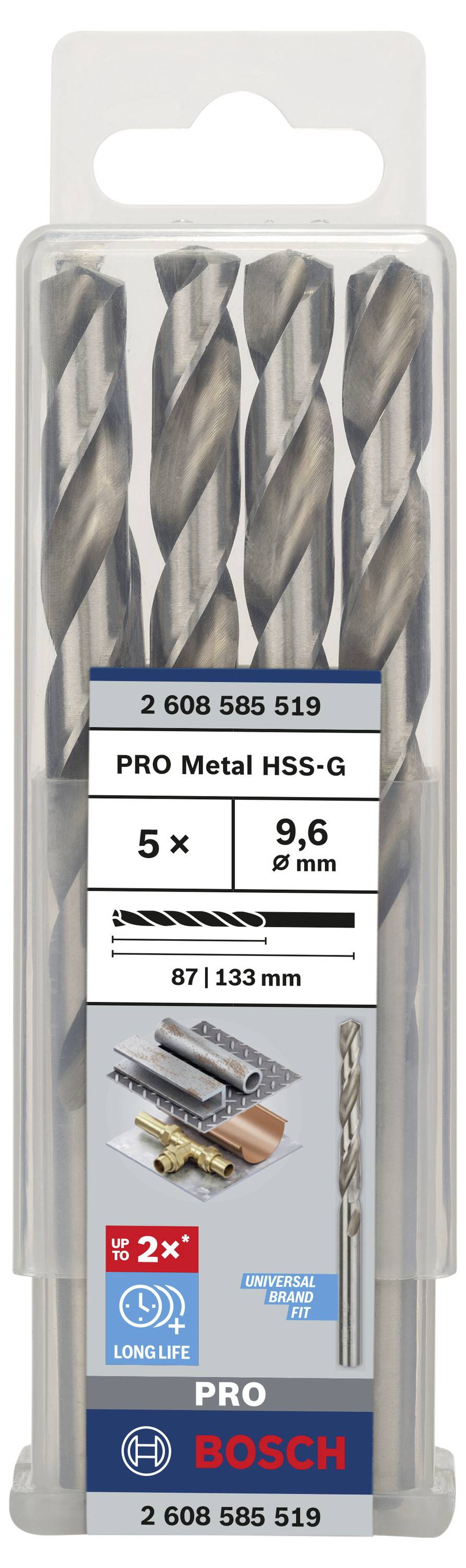 Wiertła Bosch Pro Metall HSS-G zestaw 5 sztuk: 5 wierteł, średnica 9,6 mm, do obróbki metalu, długa żywotność, długość 87/133 mm.