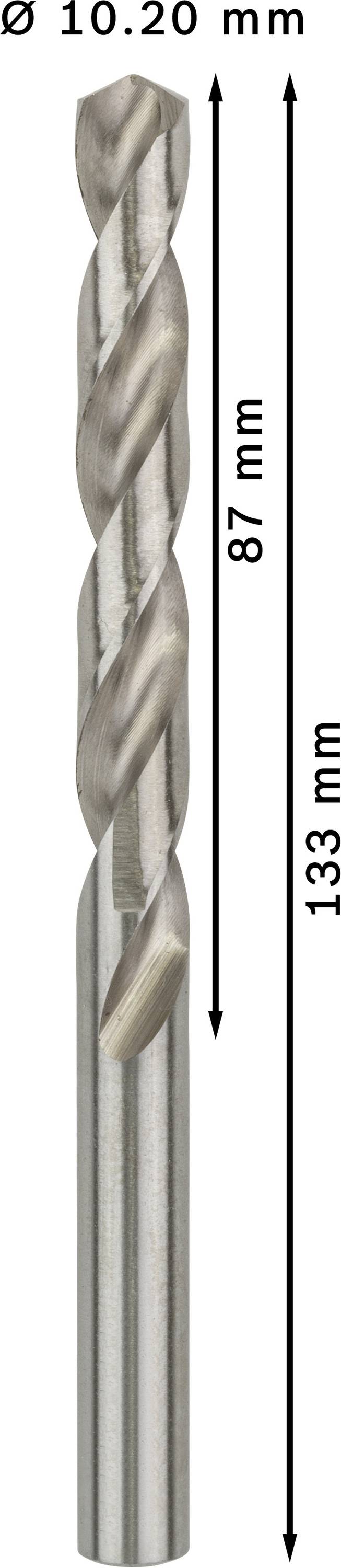 Wiertło do metalu o średnicy 10,20 mm, długość całkowita 133 mm, część spiralna 87 mm. Idealne do precyzyjnego wiercenia w powierzchniach metalowych.