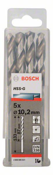Opakowanie 5 wierteł HSS-G firmy Bosch, rozmiar Ø10,2 mm. Zawiera symbole twardości i długości 87 mm, zgodne z normą DIN 338.
