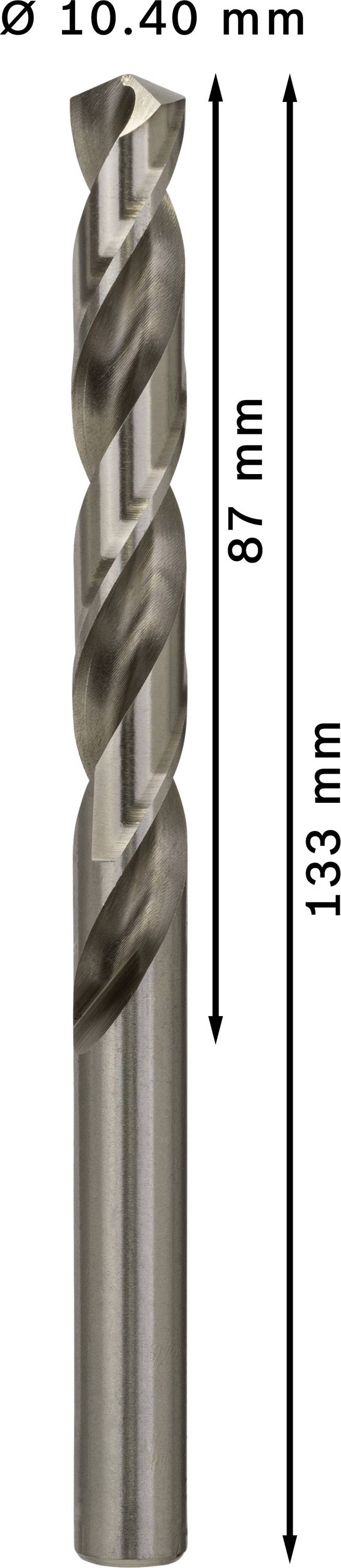 Wiertło do metalu o średnicy 10,40 mm. Długość całkowita: 133 mm. Długość spirali: 87 mm.