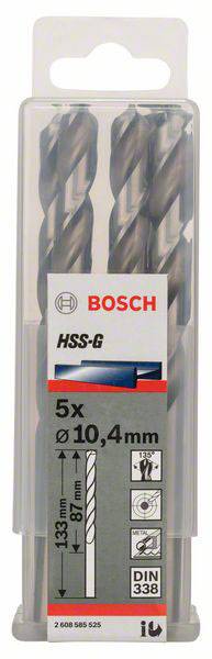 'Zestaw 5 wierteł do metalu Bosch HSS-G, średnica 10,4 mm, długość 133 mm, norma DIN 338.'