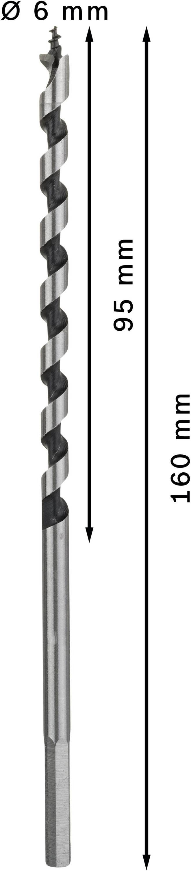 Wiertło spiralne o średnicy 6 mm i całkowitej długości 160 mm. Część wiercąca ma długość 95 mm.