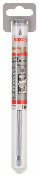 Wiertło Bosch w opakowaniu blistrowym, o średnicy 12 mm, odpowiednie do różnych materiałów. Opakowanie prezentuje logo marki.