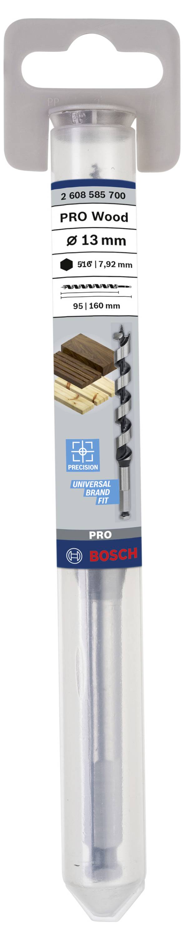 Wiertło do drewna Bosch 'Pro Wood' o średnicy 13 mm, pokazane w opakowaniu plastikowym. Przeznaczone do prac w drewnie, długość 231 mm.
