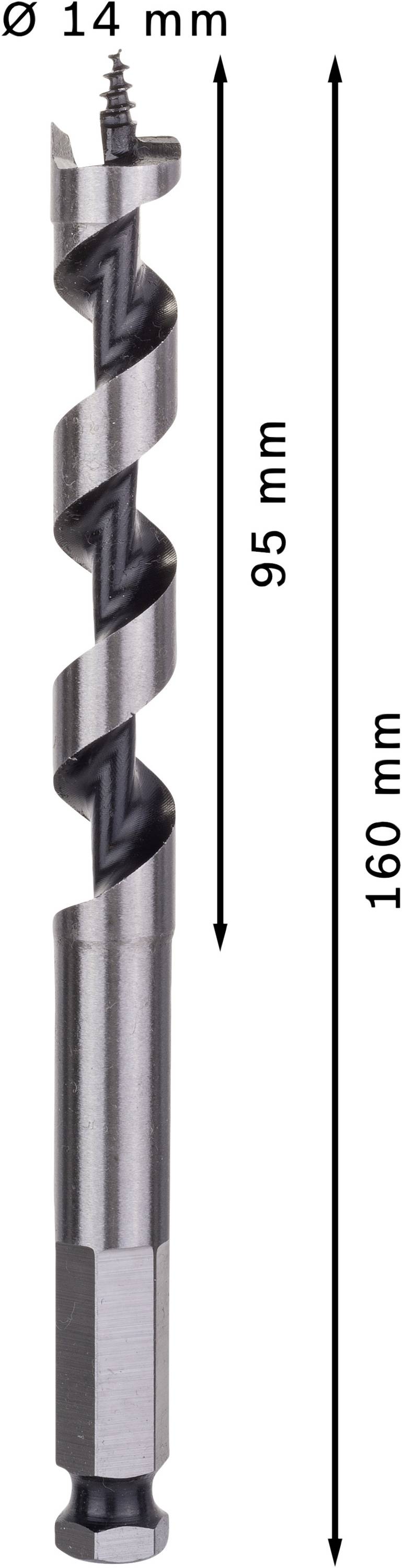 Wiertło do metalu o spiralnym wzorze, średnica 14 mm, długość 160 mm, część spiralna 95 mm.
