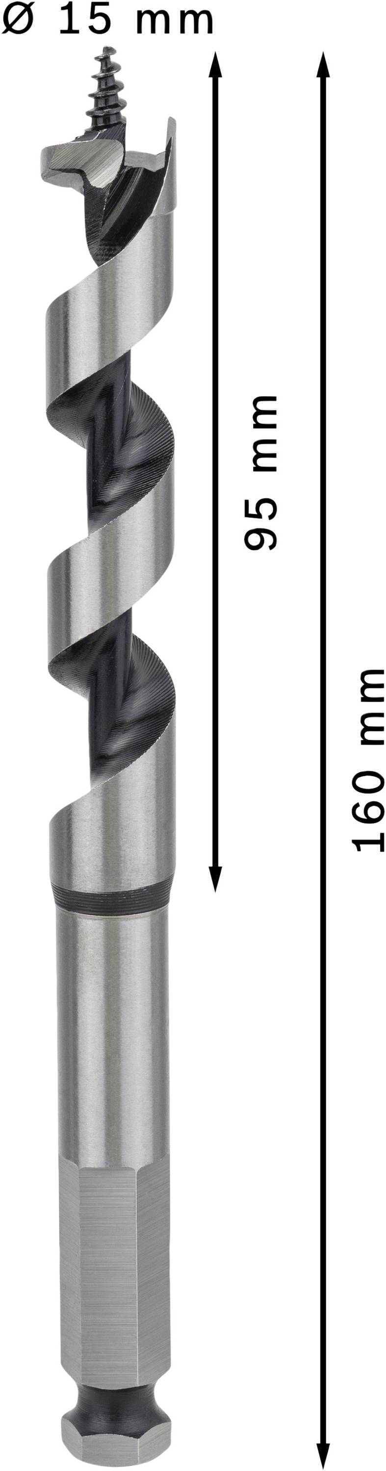 Wiertło o średnicy 15 mm i całkowitej długości 160 mm, z czego 95 mm na głębokość wiercenia.