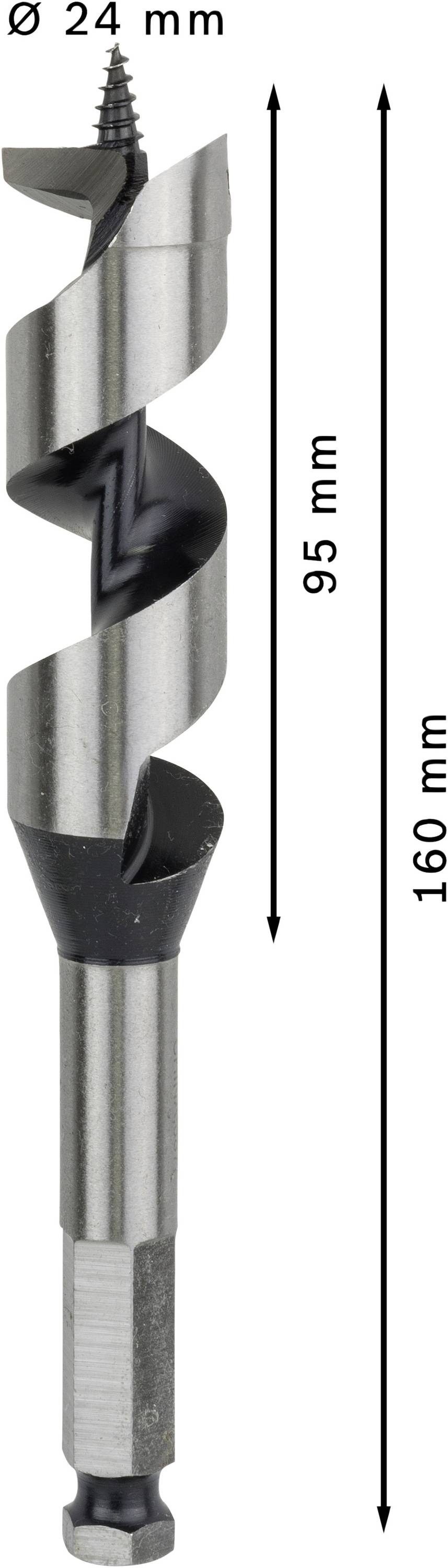 Świder spiralny o średnicy Ø 24 mm, długość całkowita 160 mm, gwintowana końcówka i 95 mm długości spirali. Odpowiedni do precyzyjnego wiercenia w drewnie.