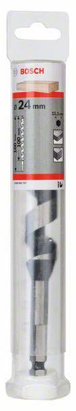 Wiertło do drewna marki Bosch w przezroczystym opakowaniu, przeznaczone do prac stolarskich, z oznaczeniem rozmiaru '24 mm' na opakowaniu.