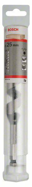 Wiertło w przezroczystym opakowaniu, oznaczone napisami 'Bosch', 'Wiertło do drewna' i '25 mm'.