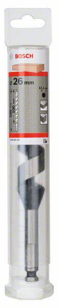 Wiertło Bosch w plastikowym pojemniku, średnica 26 mm, odpowiednie do prac drewnianych. Opakowanie prezentuje wiertło i szczegóły marki.