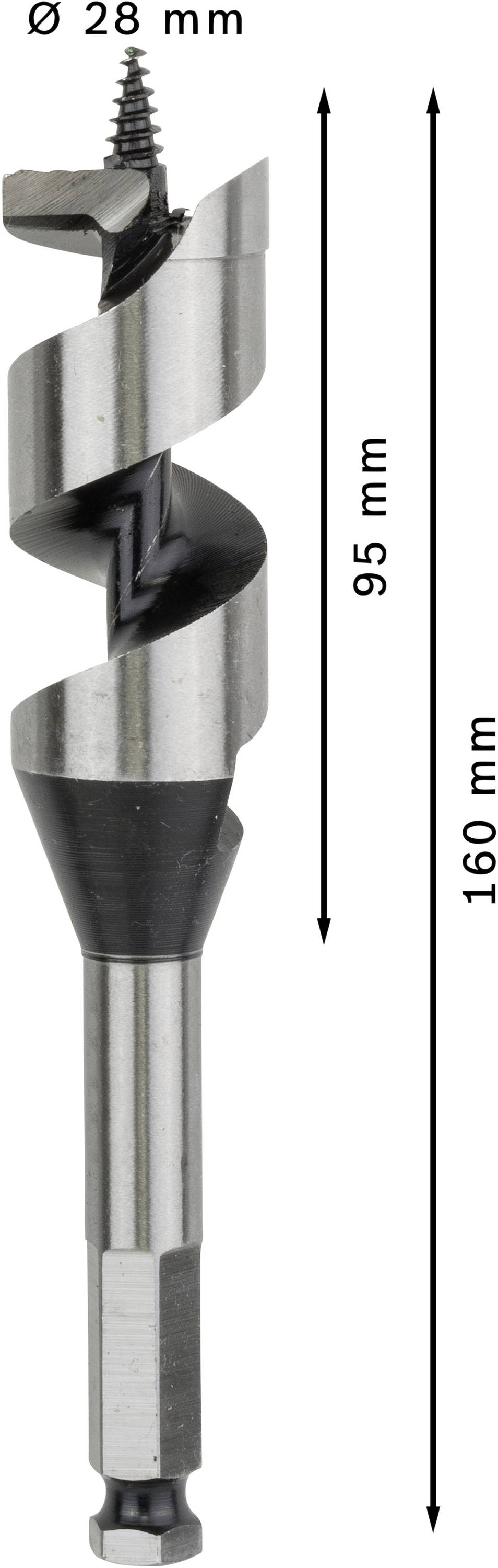 Wiertło o całkowitej długości 160 mm i średnicy 28 mm. Długość wiercenia wynosi 95 mm.