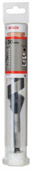 Wiertło spiralne Bosch, średnica 30 mm, pakowane w przezroczystą plastikową osłonkę, do prac w drewnie.