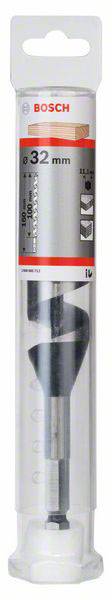 Wiertło drewniane 'Bosch' w opakowaniu z tworzywa sztucznego, średnica 32 mm, odpowiednie do prac stolarskich. Opakowanie prezentuje logo marki i informacje o produkcie.