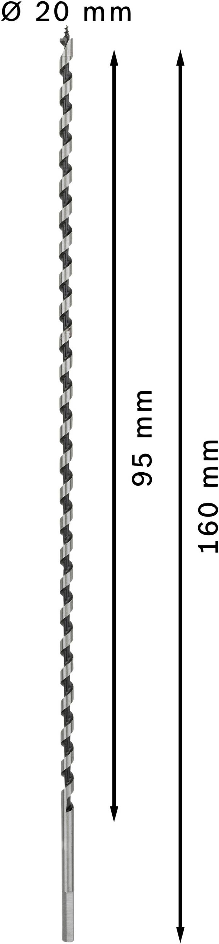 Długie, wąskie wiertło ze spiralnym wzorem, średnica 20 mm, długość całkowita 160 mm, długość spirali 95 mm. Odpowiednie do głębokich otworów.