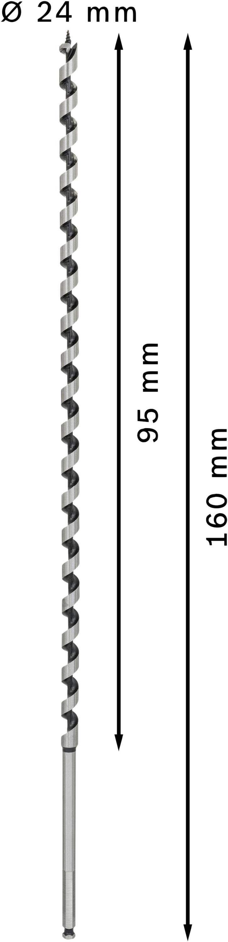 Wiertło o średnicy Ø 24 mm, długość całkowita 160 mm, długość użytkowa 95 mm do prac w drewnie. Spiralny kształt zapewniający efektywne wiercenie.
