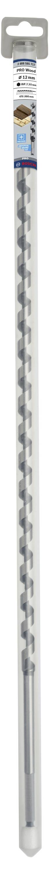 Zapakowane wiertło udarowe z szarym wiertłem uniwersalnym, nazwa marki u góry, odpowiednie do betonu, muru i kamienia.