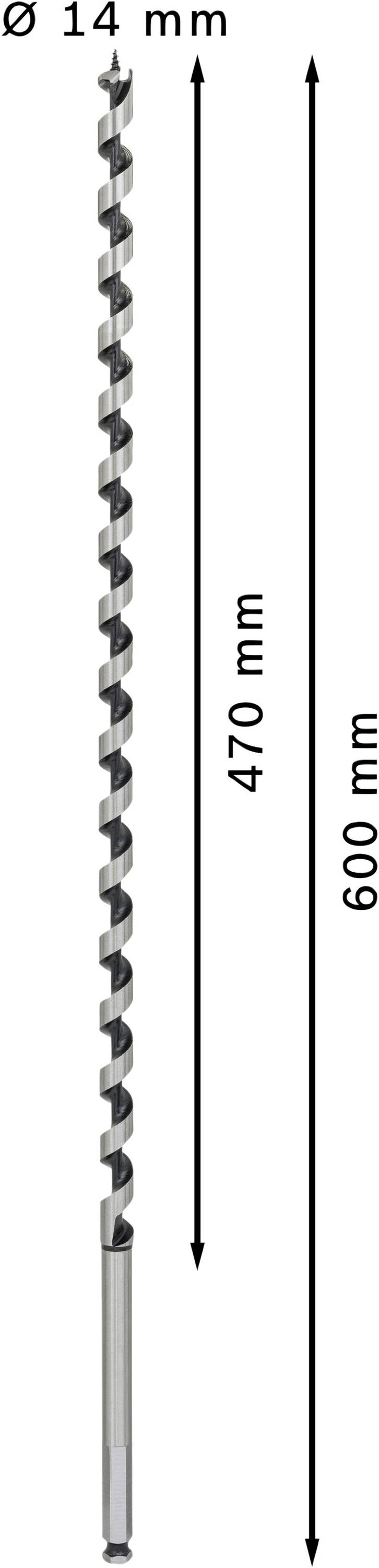 Wiertło o całkowitej długości 600 mm i średnicy 14 mm. Długość użytkowa wynosi 470 mm.