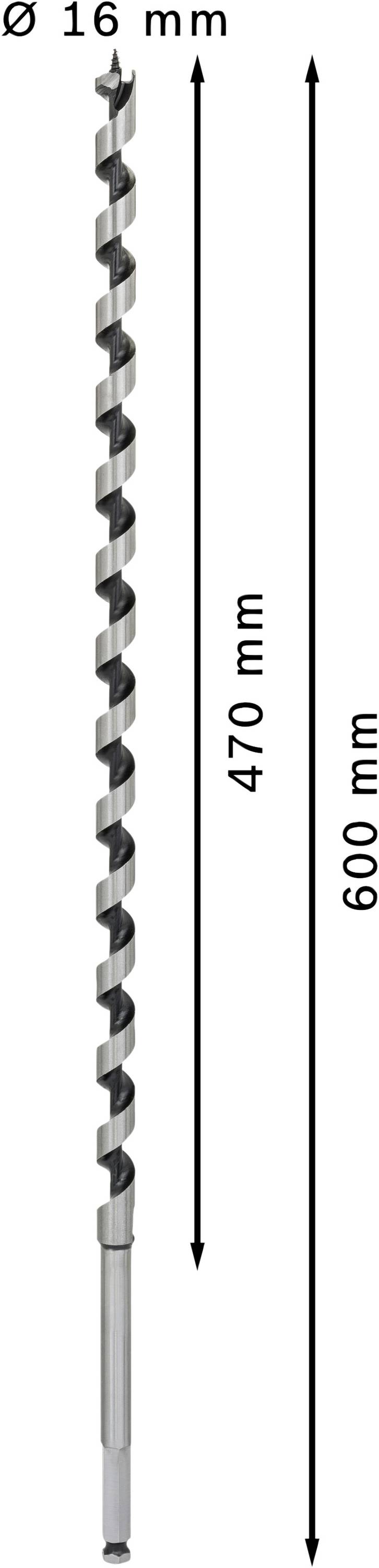 Wiertło, średnica 16 mm, długość całkowita 600 mm, długość robocza 470 mm, przedstawia specyfikacje narzędzia.