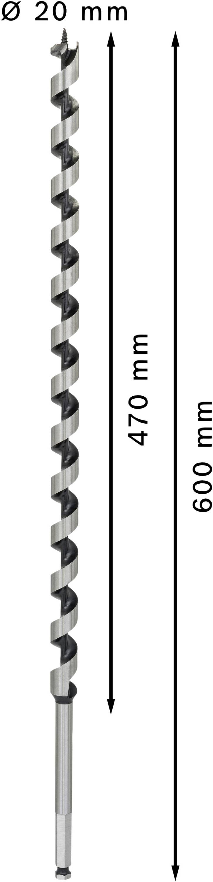 Wiertło o średnicy 20 mm i całkowitej długości 600 mm, z czego 470 mm stanowi część gwintowana.