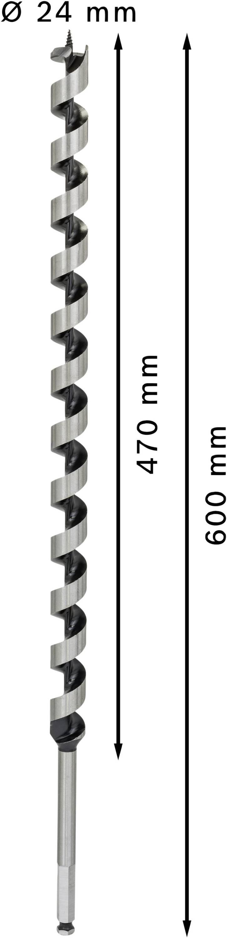 Wiertło o długości 600 mm, spirali 470 mm i średnicy 24 mm. Używane do głębokich otworów.