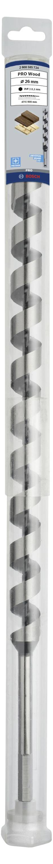 Długie wiertło w przezroczystym plastikowym opakowaniu, odpowiednie do prac w drewnie, przedstawione w pozycji pionowej.