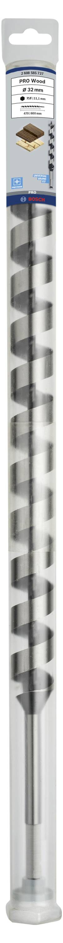 Wiertło w opakowaniu, średnica 16 mm, długość 600 mm. Szary, spiralny korpus metalowy do betonu. Plastikowa osłona u góry z etykietą produktu.