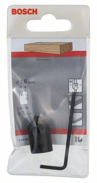 Opakowanie ręcznego wiertła kieszonkowego Bosch z kluczem. Odpowiednie do wiercenia w drewnie do 16 mm pod kątem 90 stopni.