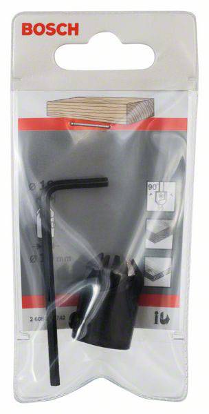 Uchwyt wiertarski firmy Bosch w oryginalnym opakowaniu, z kluczem sześciokątnym w zestawie. Design sugeruje przeznaczenie do prac stolarskich.