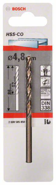 Wiertło firmy Bosch, HSS-CO, średnica 4,8 mm, odpowiednie do wiercenia w metalu, długość 86 mm, zgodnie z normą DIN 338.