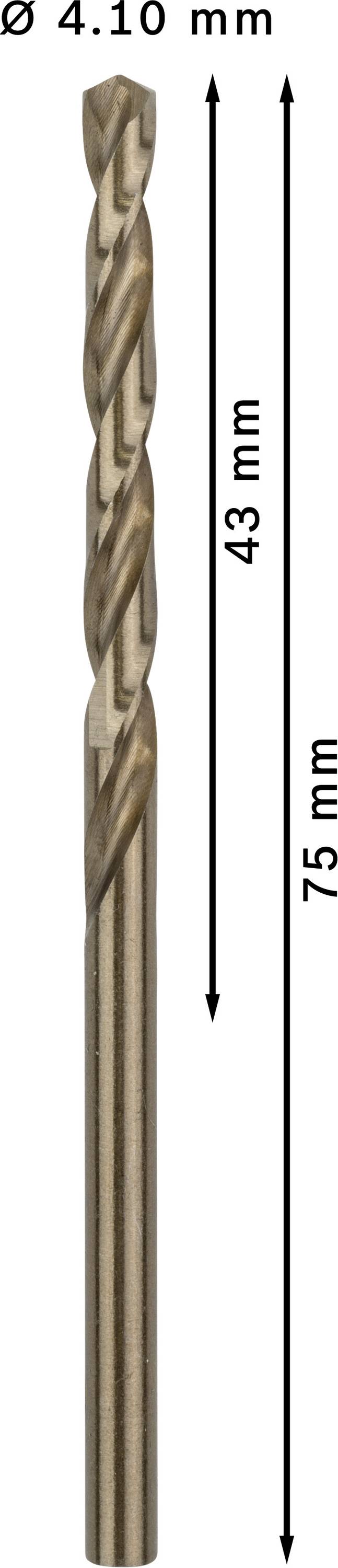 Wiertło o średnicy 4,10 mm. Długość całkowita: 75 mm, długość części skrawającej: 43 mm. Idealne do precyzyjnego wiercenia.