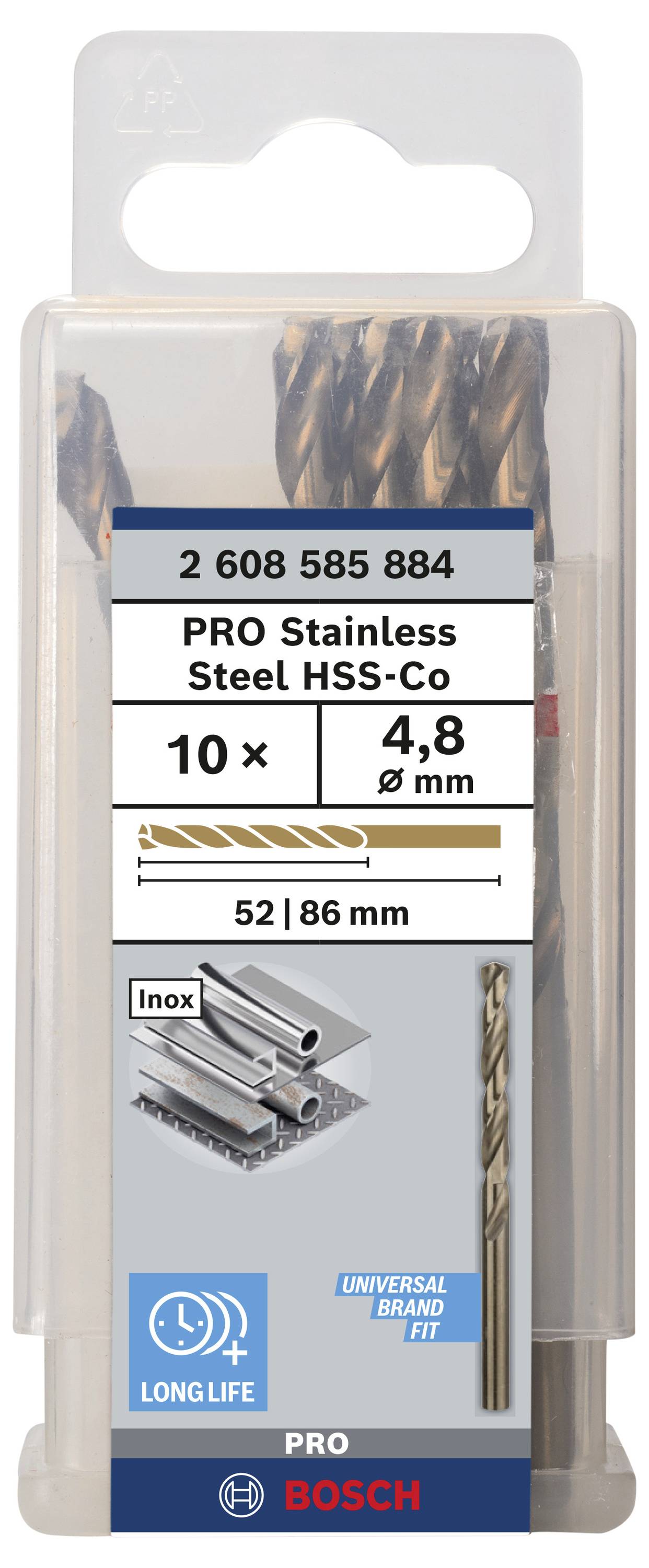 Wiertła ze stali nierdzewnej Bosch Pro HSS-Co, 10 sztuk, średnica 4,8 mm, długość 52/86 mm, odpowiednie do stali nierdzewnej, trwałe, uniwersalne dopasowanie.