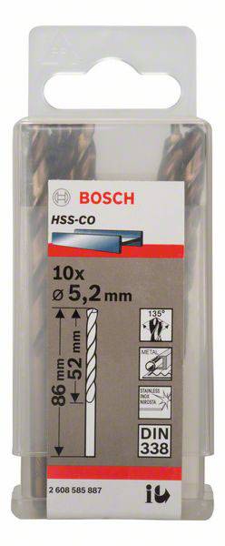 Opakowanie z wiertłami Bosch HSS-CO, 10 sztuk, średnica 5,2 mm, długość 86 mm, DIN 338, odpowiednie do metalu.