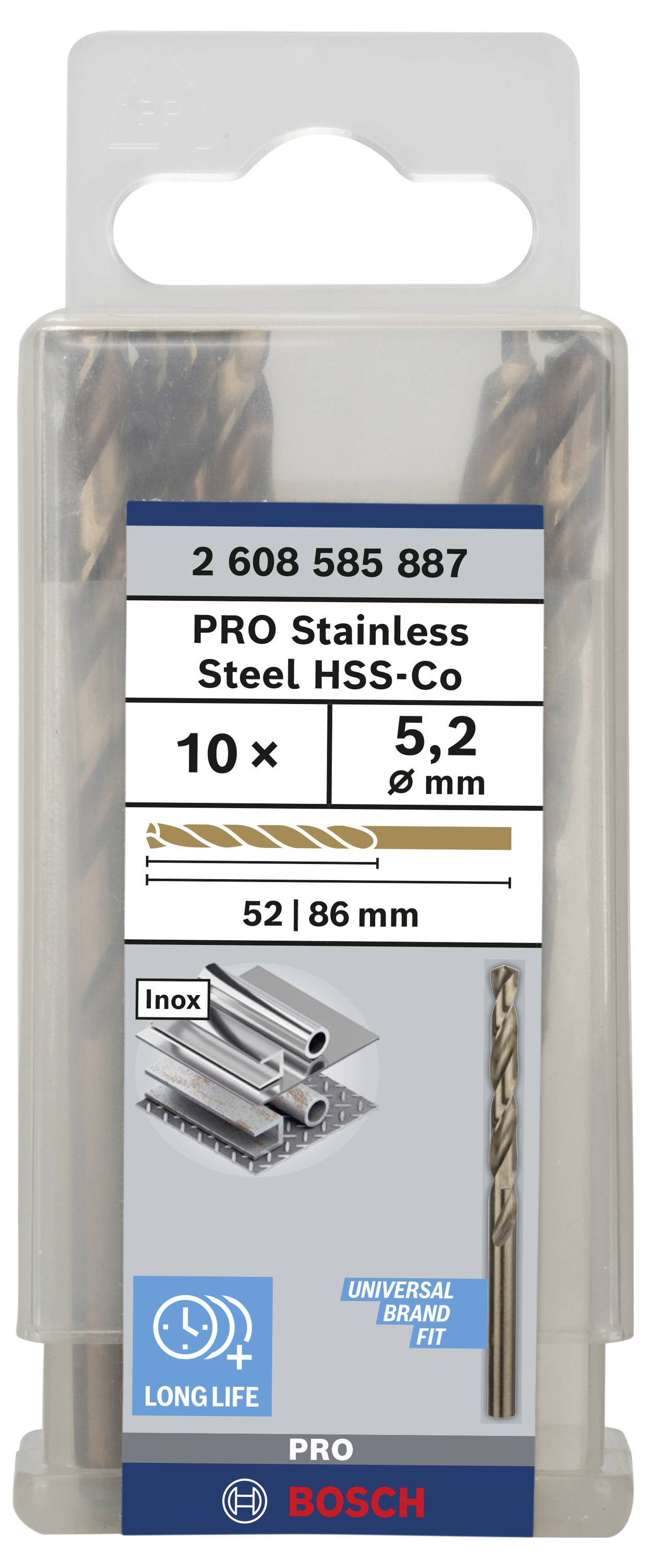 Zestaw dziesięciu wierteł Bosch HSS-Co Pro do stali nierdzewnej, średnica 5,2 mm, wytrzymałe i trwałe, odpowiednie do stali nierdzewnej i metali.