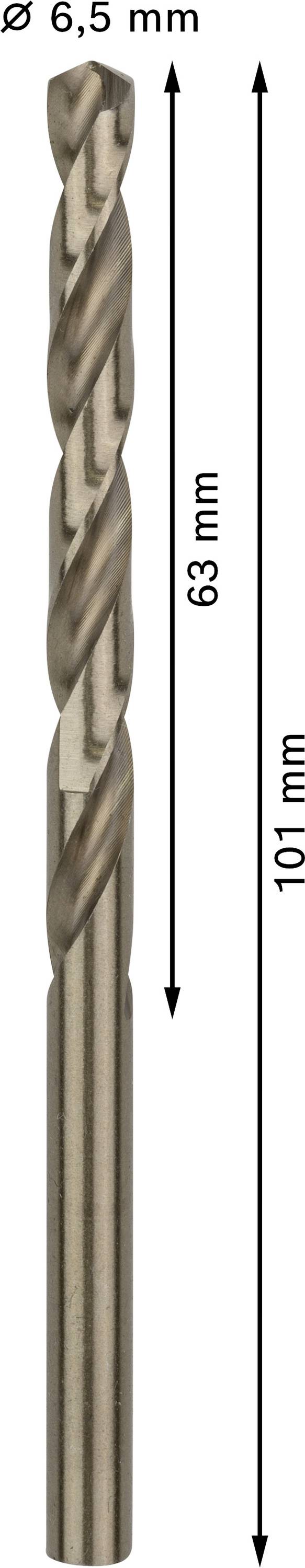 Wiertło spiralne o ø 6,5 mm, długość całkowita 101 mm, długość użytkowa 63 mm, przedstawione ze strzałkami wymiarowymi.