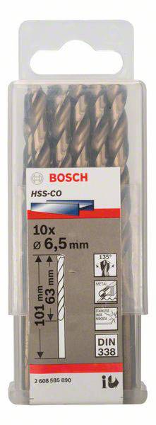 Zestaw wierteł HSS-CO firmy Bosch, 10 sztuk, średnica: 6,5 mm, długość: 101 mm, głębokość wiercenia: 63 mm, odpowiednie do metalu, standard DIN 338.