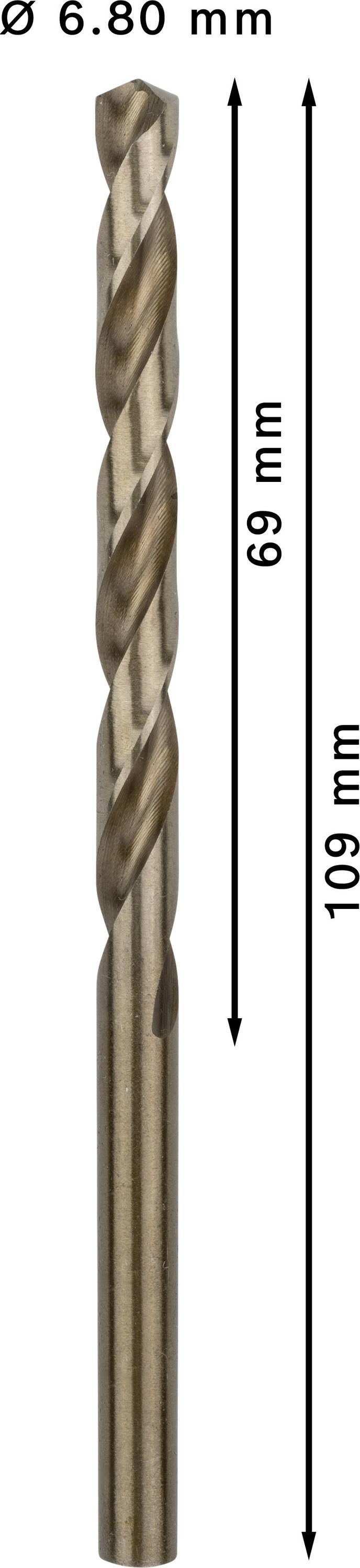Wiertło z metalu złotego o długości 109 mm i średnicy 6,8 mm. Długość wiercenia wynosi 69 mm.