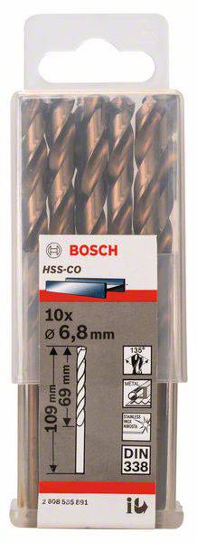 Opakowanie wierteł 10 sztuk marki Bosch, rozmiar 6,8 mm, materiał HSS-Co, odpowiednie do metalu, długość 109 mm, zgodnie z normą DIN 338.